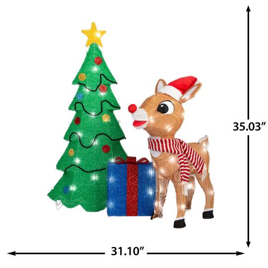35" Rudolph Scene with Tree & Presents 3D Holiday Lighted Tinsel Sculpture Christmas Décor